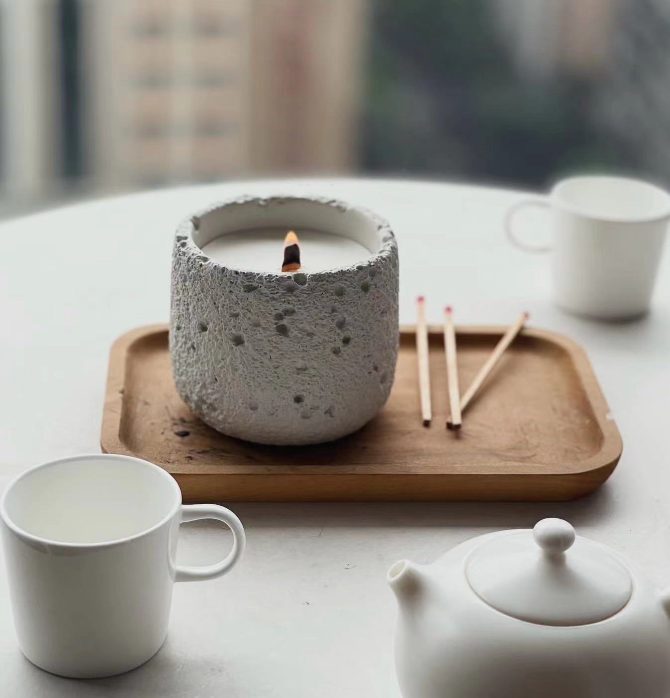 Wood Wick Cement Container Jar Candle - White Tea