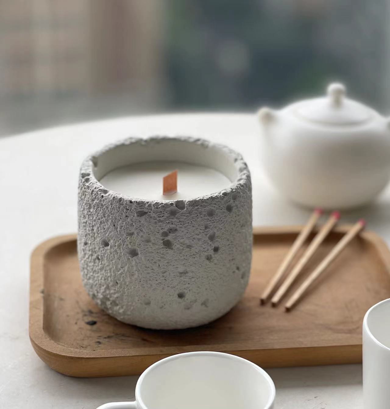 Wood Wick Cement Container Jar Candle - White Tea