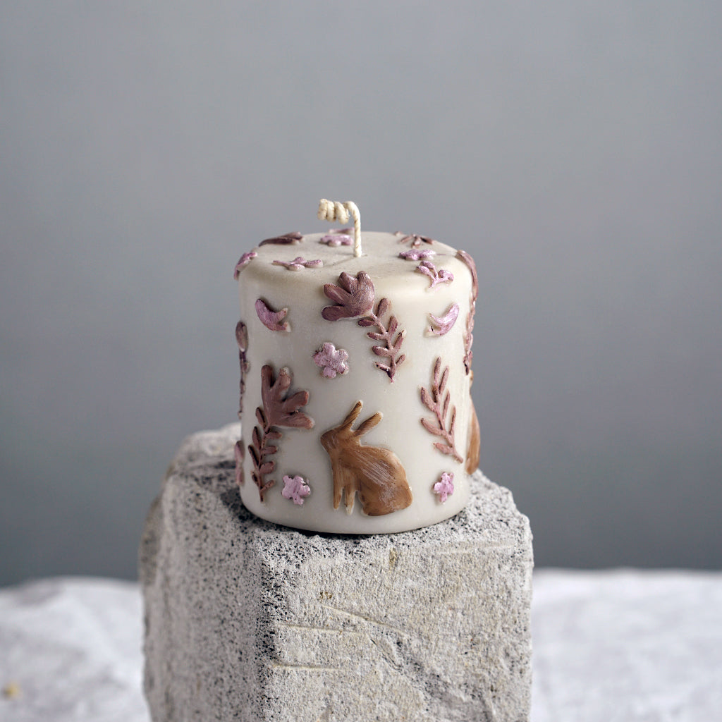Hand Painted Rabbit Pattern Pillar Scented Art Candle with Gift Box for Gift ,Home Decor-13 oz 48 Hours Burning