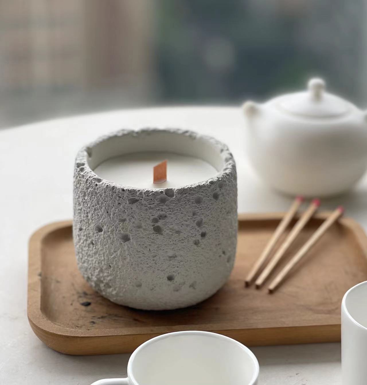 Wood Wick  Cement Container Jar Candle - White Tea